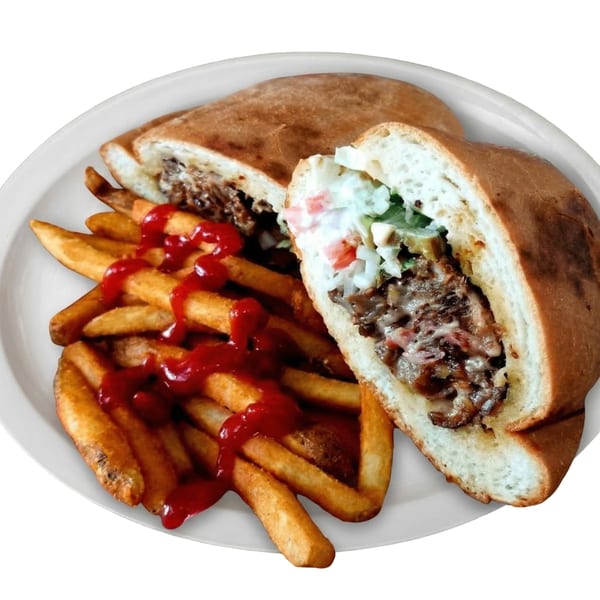 A sliced Mexican torta sandwich with meat and vegetables, served with ketchup-covered french fries.
