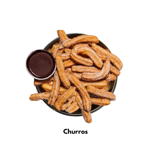 A plate of golden-brown churros, dusted with sugar, served with a side of rich chocolate dipping sauce.