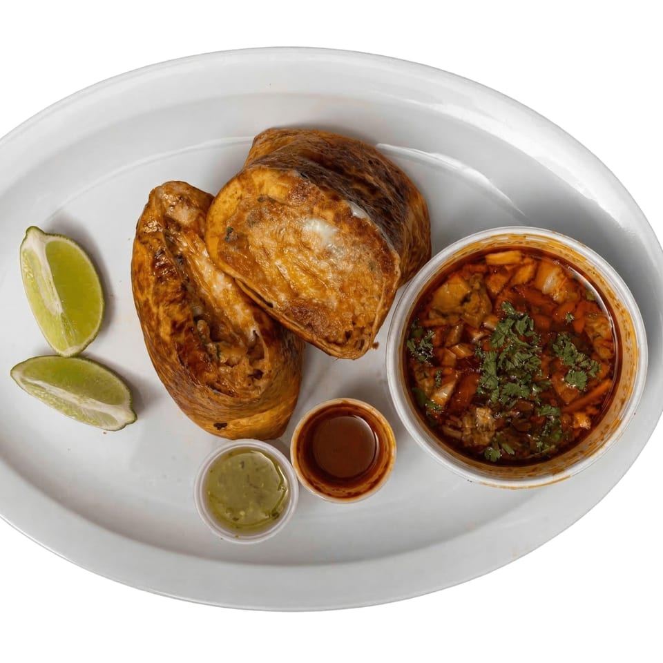 Two golden-brown birria tacos with a side of consome, lime wedges, and two small sauce cups.