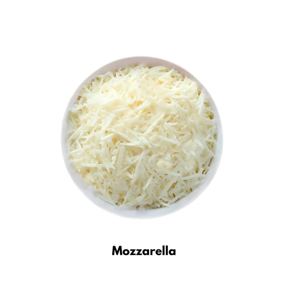 A white bowl filled with shredded mozzarella cheese, viewed from directly above.