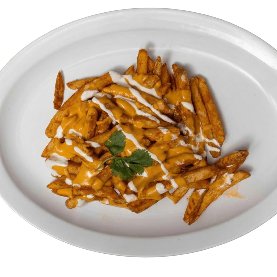 Golden french fries topped with melted cheese, white sauce, and a sprig of cilantro on a white plate.