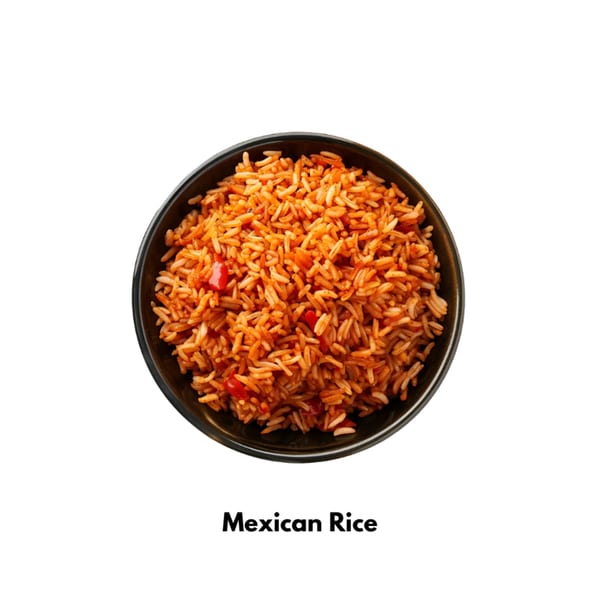 A black bowl filled with vibrant orange Mexican rice, featuring visible red pepper pieces.