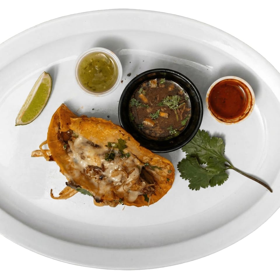 A Tacos El Primo birria taco with melted cheese, consommé, green salsa, red salsa, and lime.