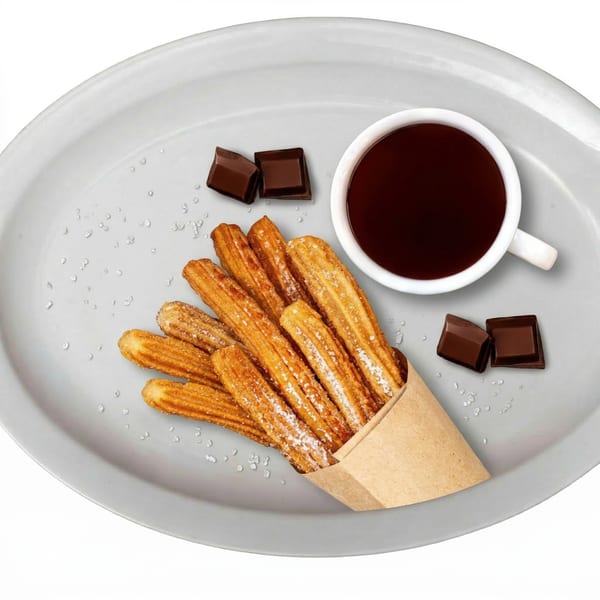 Golden churros with sugar, chocolate squares, and a cup of hot chocolate on a grey plate.