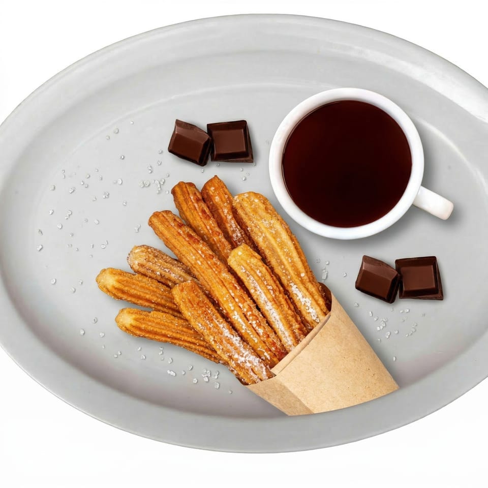 Golden churros with sugar, chocolate squares, and a cup of hot chocolate on a grey plate.