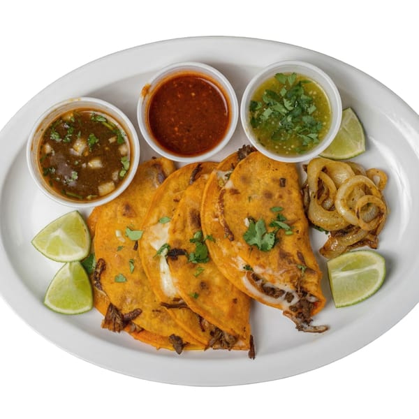 Tacos El Primo birria tacos with three dipping sauces, grilled onions, and lime wedges.