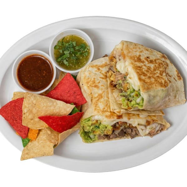 Two quesadillas filled with meat, cheese, and guacamole, served with tortilla chips and two salsas.